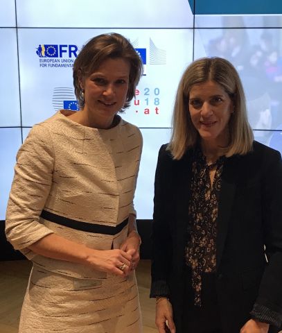 Katharina von Schnurbein, the European Commission’s coordinator on combating antisemitism, and Kim Simon, managing director of USC Shoah Foundation, at the launch conference in Belgium.