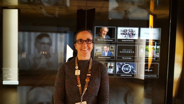 Francesca Innocenti in the visitor's lobby of USC Shoah Foundation.