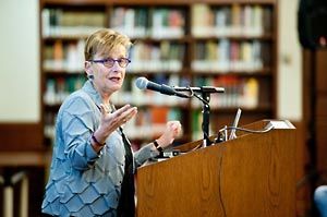 Dr. Marianne Hirsch speaking at Doheny Library on the campus of USC, May 2013