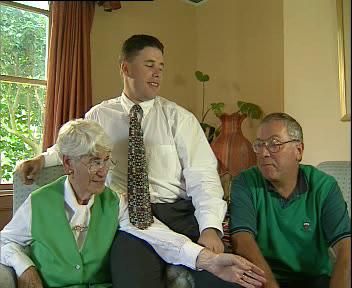 Holocaust survivor Sara Eizenberg with her grandson, Phillip Boas, and son, Eddy Boas. Sara Eizenberg, Eddy Boas, Phillip Boas, second generation, 2G